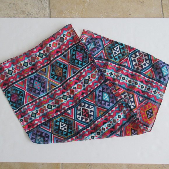 Southwestern Print Scarf Rectangular 58" x 13" Multicolor, Hand Rolled Hem NEW - Picture 5 of 7